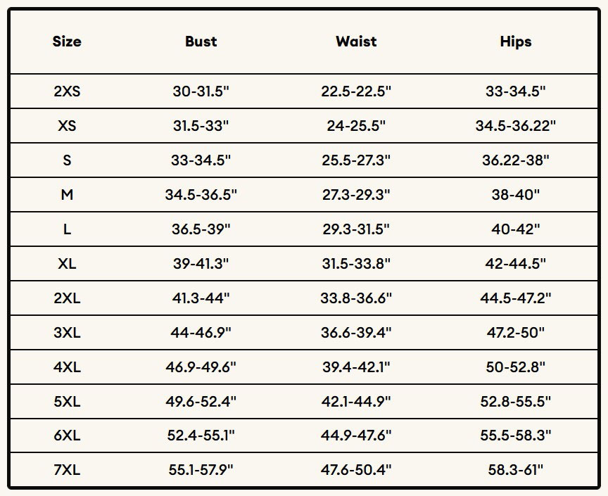 Slip Dress Size Chart