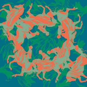 Blue Green Peach Feathered Carousel Scarf